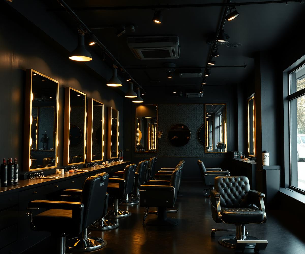 Row of barber chairs and mirrors inside the shop