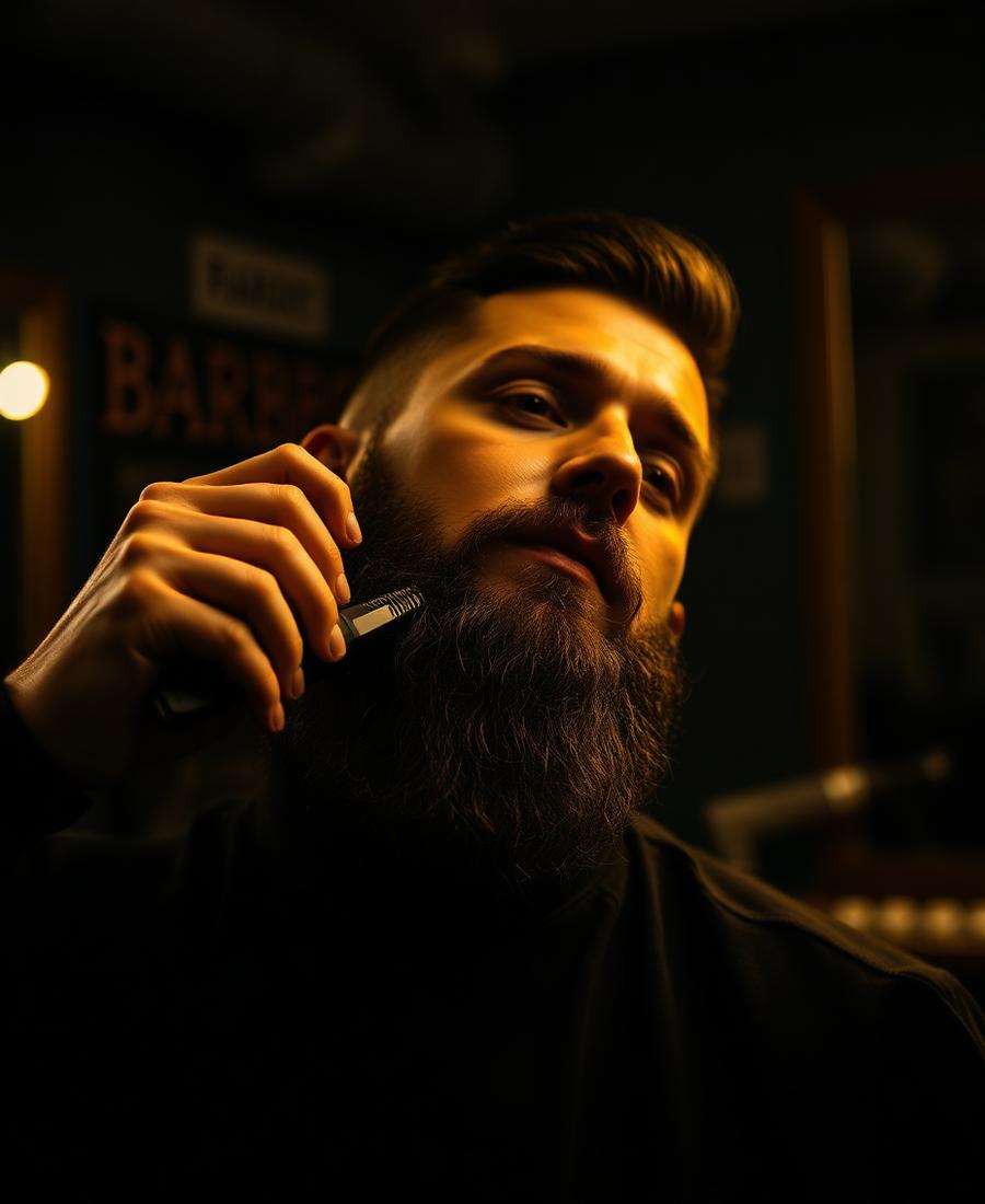 Barber detailing a client's beard with clippers