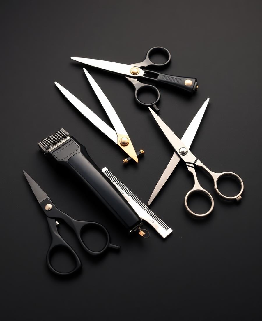 Barber tools laid out on a black surface