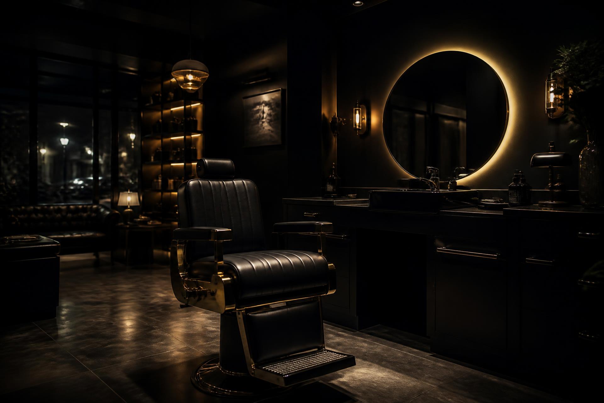 Interior of a modern barbershop lit with warm gold light